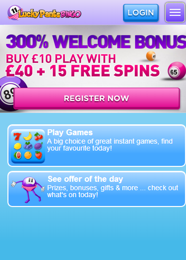 Lucky Pants Bingo Mobile homepage